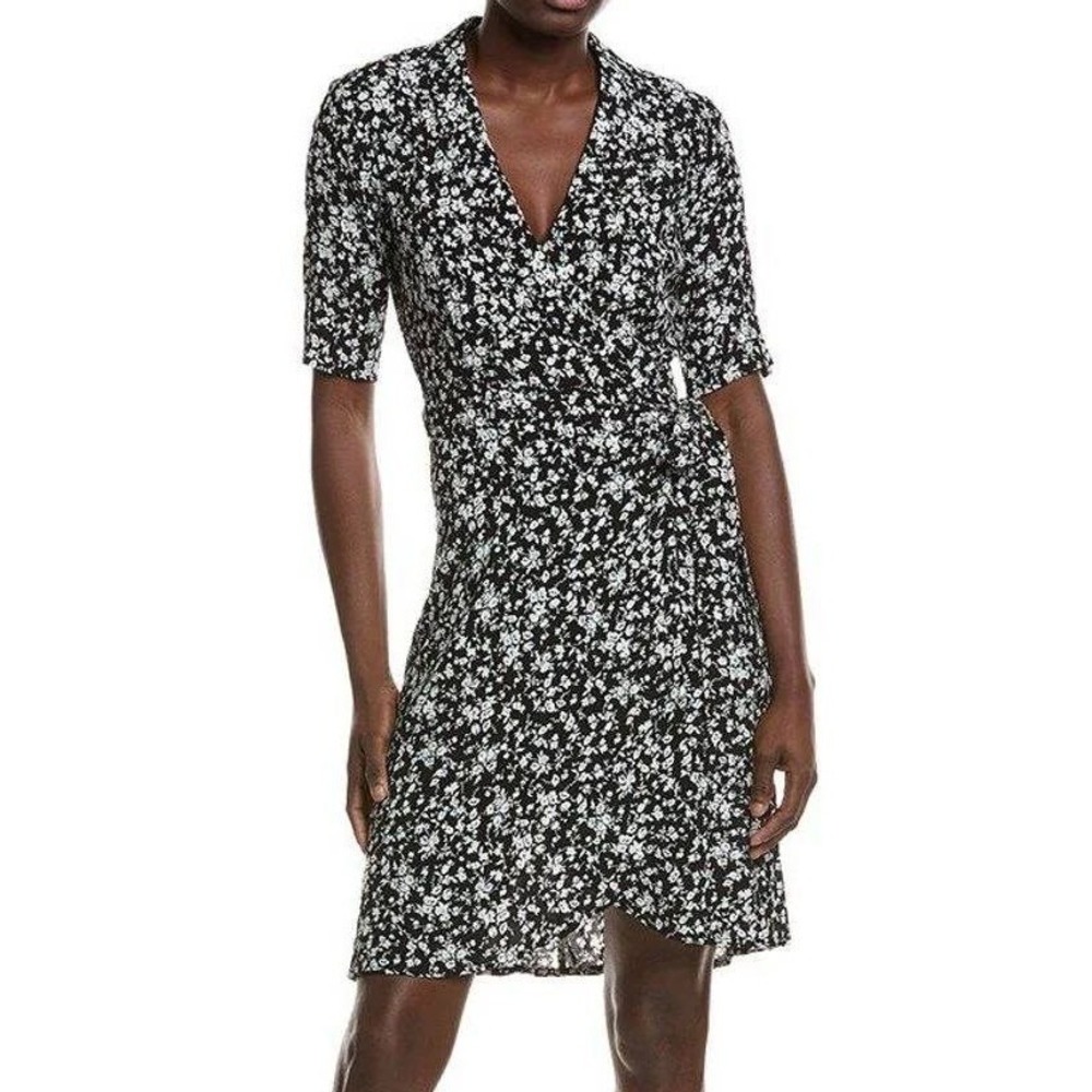 GANNI Black Floral Crepe Mini Wrap Dress Short Sleeve Size 34 XS